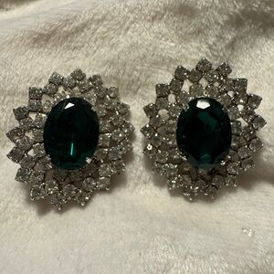 SOLD - Elegant  vintage Silver Tone, Green & Clear Rhinestone Clip On  Earrings